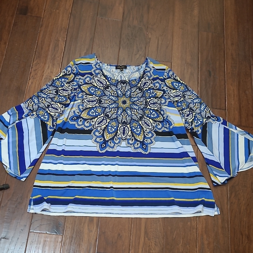 Melissa Paige Colorful Striped & Paisley Print with Split Angle Wing Sleeves 3X